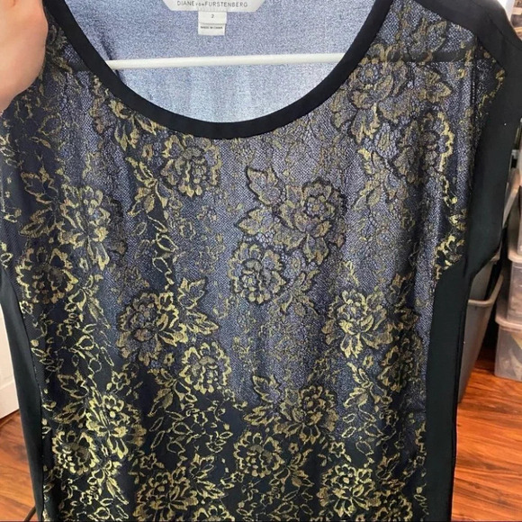 DVF Diane Von Furstenberg Cordelia Silk Lace Short Sleeve Blouse 2 XS Black Gold - Picture 5 of 13